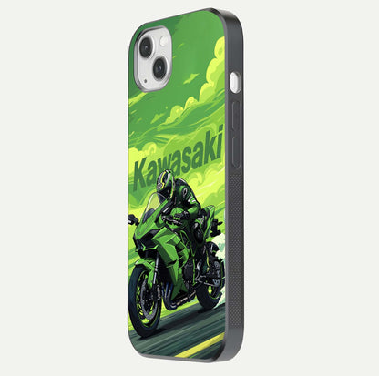 Green Kawasaki Glass Case for iPhone 14 Plus side-angle image showing reflection depth and metallic green accent