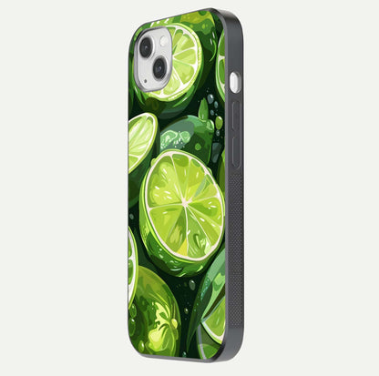 Green Lemon Glass Case for iPhone 14 Plus side-angle image showing reflection glow and juicy color tones