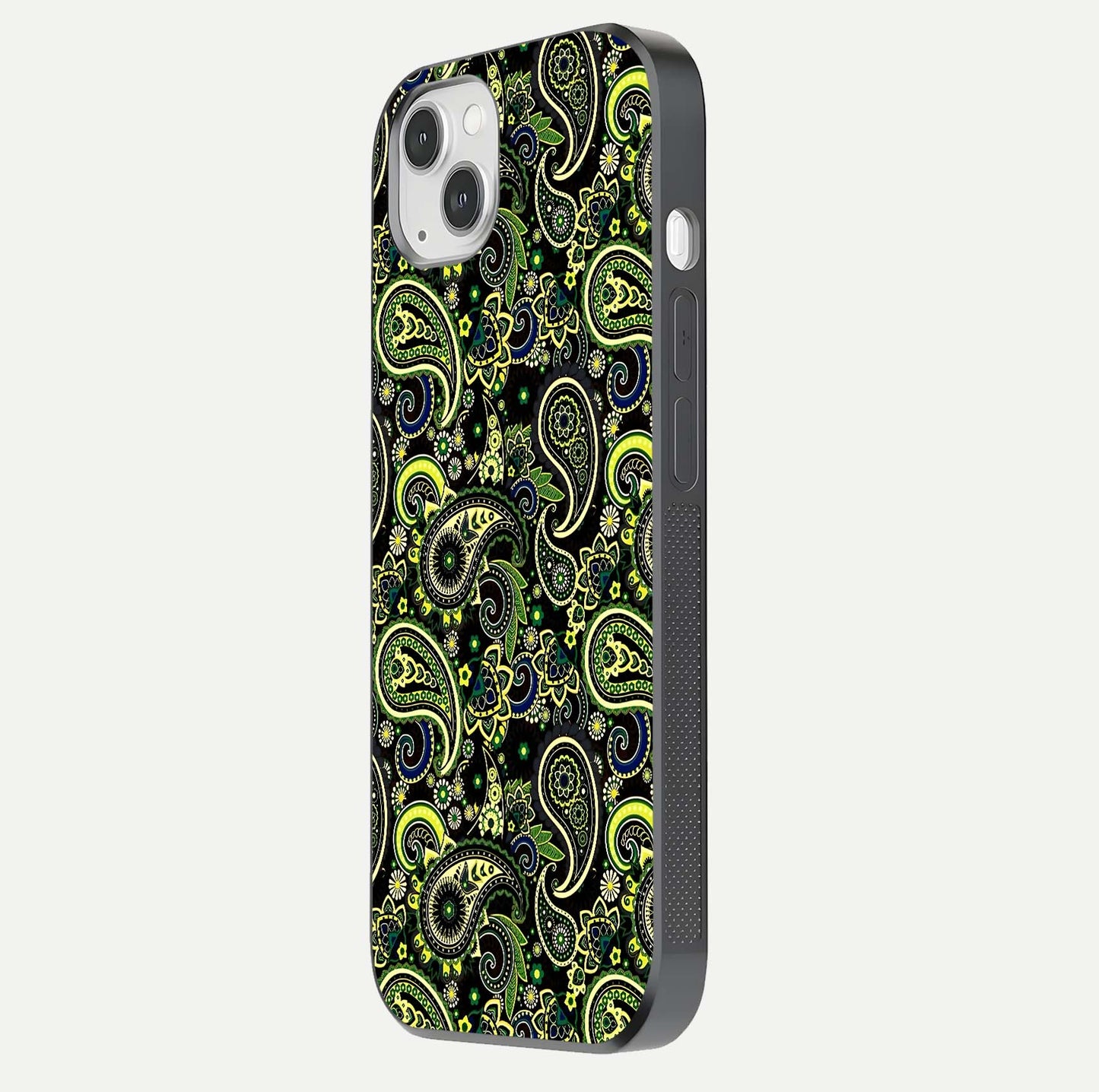 Green Mandala Pattern Glass Case for iPhone 14 Plus side-angle image showing reflection clarity and detailed pattern lines