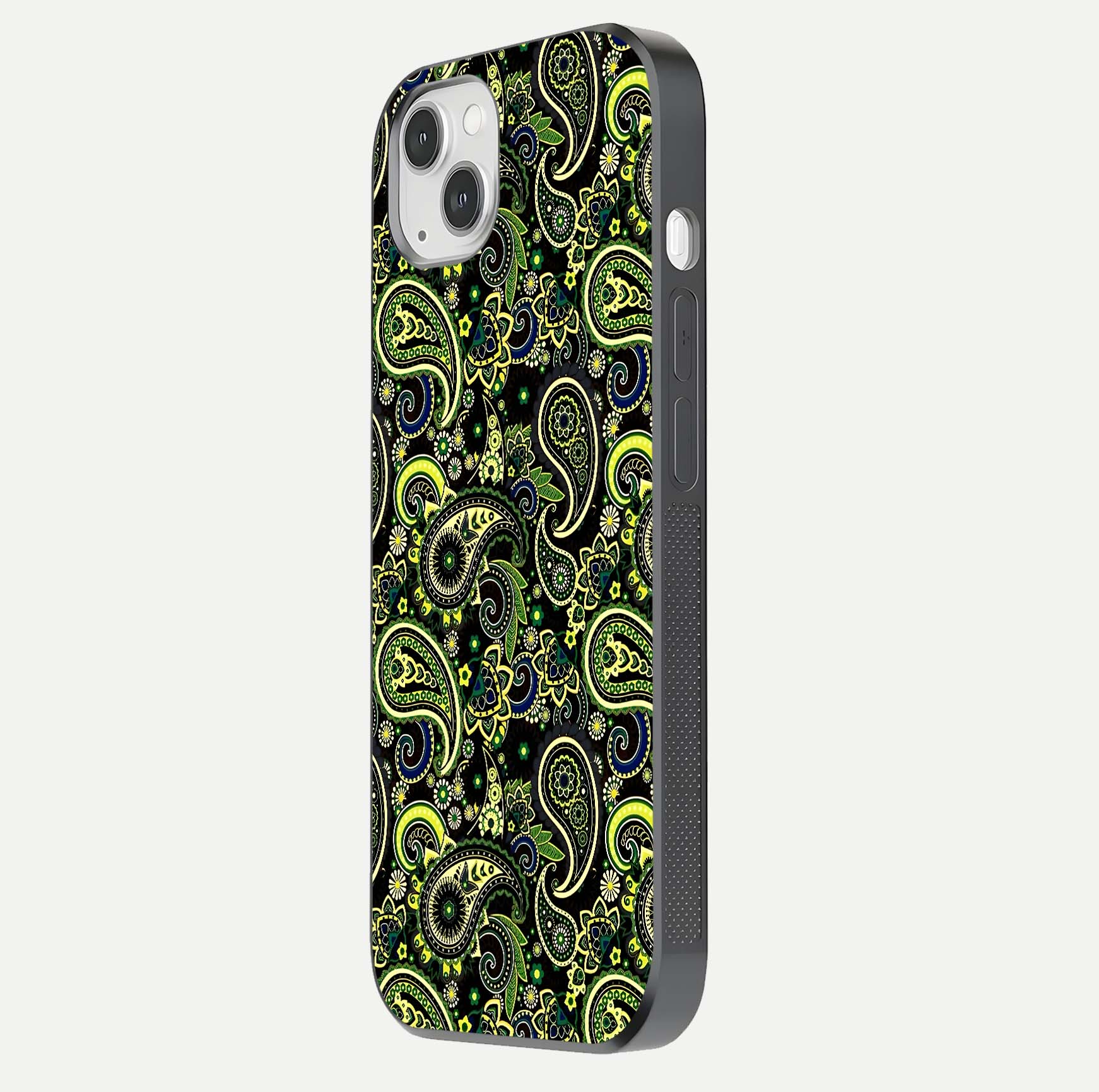 Green Mandala Pattern Glass Case for iPhone 14 Plus side-angle image showing reflection clarity and detailed pattern lines