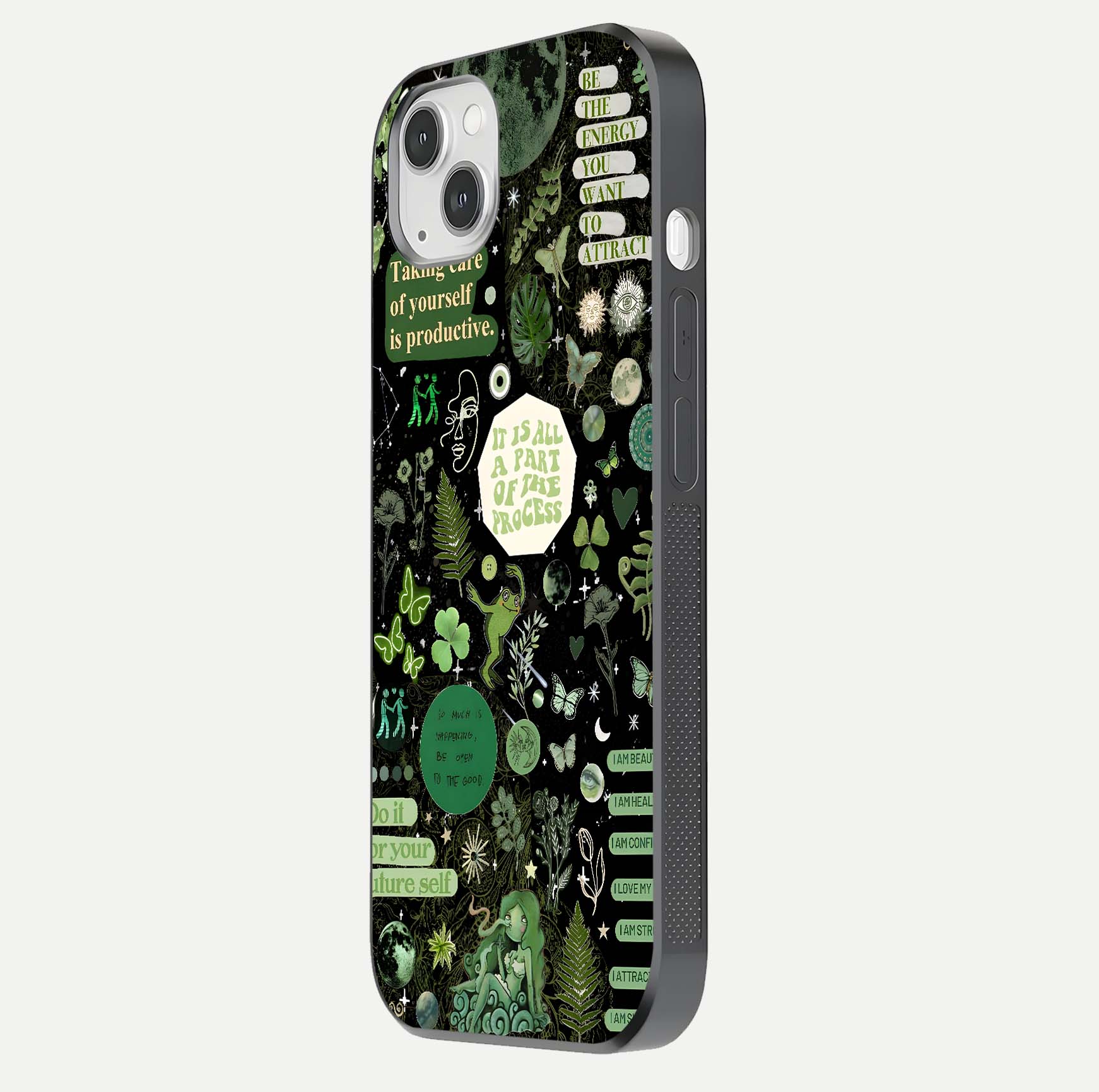 Green Moon Energy Glass Case for iPhone 14 Plus side-angle image showing reflection brilliance and curved finish