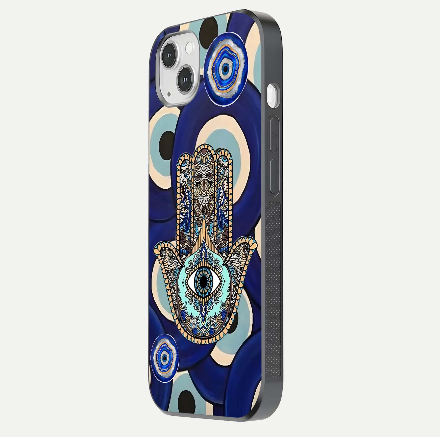 Hamsa Divine Guard Glass Case for iPhone 14 Plus side-angle image showing reflection brilliance and protective design