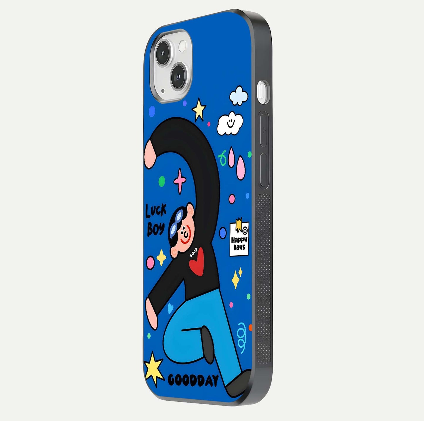 Happy Luck Vibe Glass Case for iPhone 14 Plus side-angle image showing reflection polish and vivid charm design