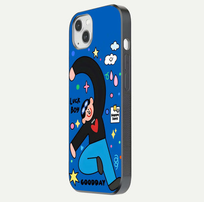 Happy Luck Vibe Glass Case for iPhone 14 Plus side-angle image showing reflection polish and vivid charm design