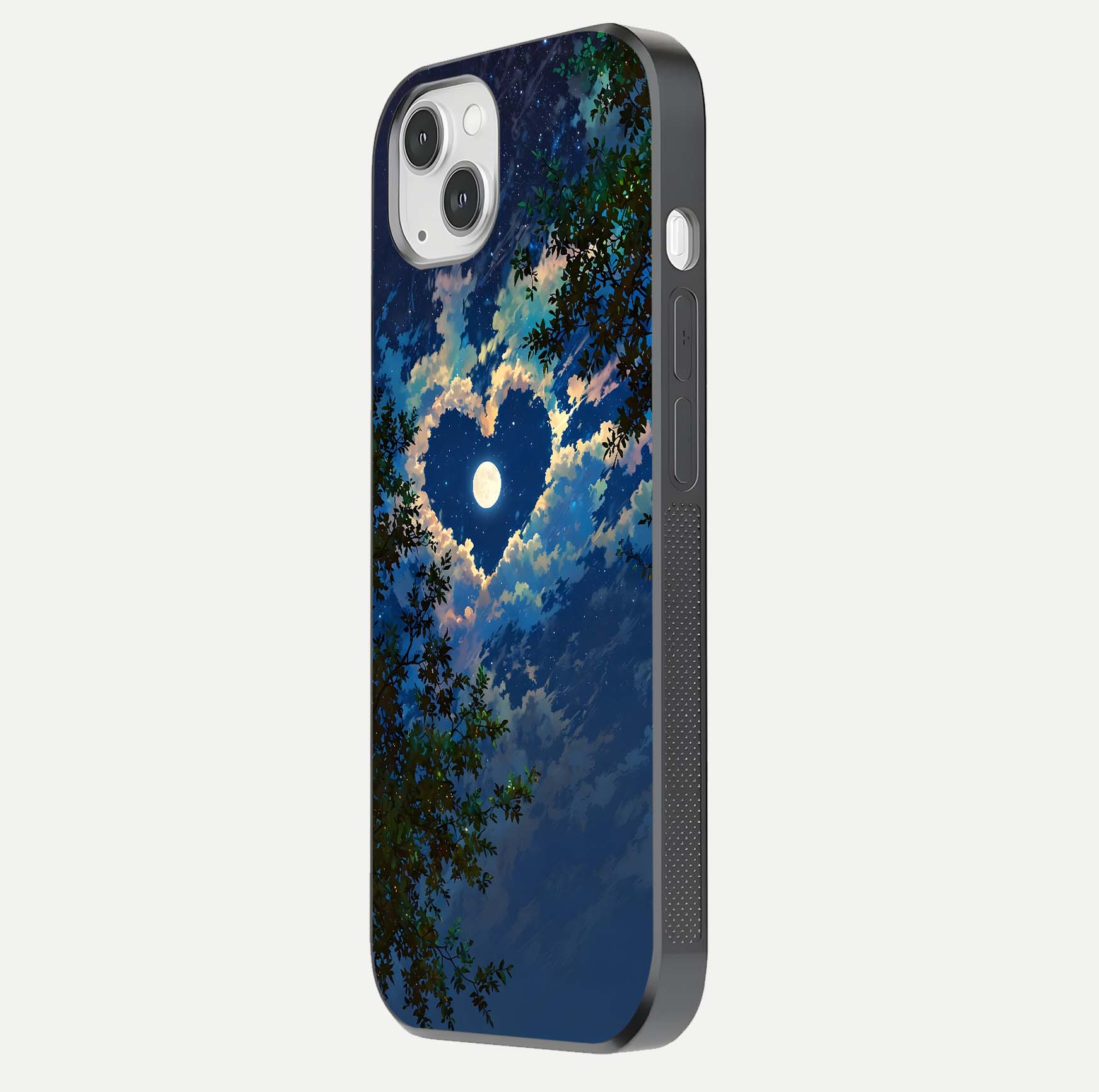 Heart with Moon Sky Glass Case for iPhone 14 Plus side-angle image showing reflection brightness and soft tone finish