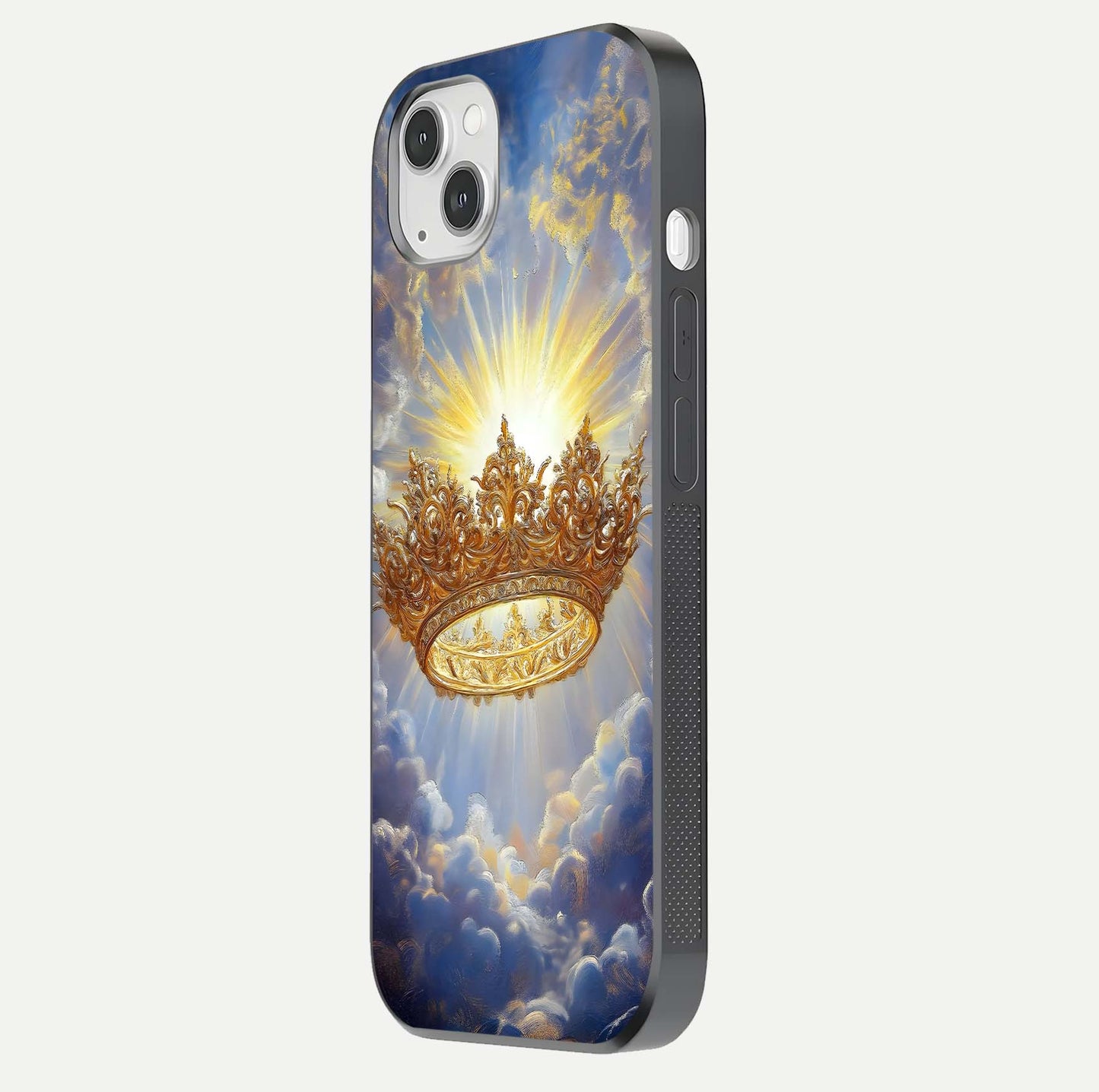 Heavenly Crown Light Glass Case for iPhone 14 Plus side-angle image showing reflection brilliance and elegant divine art