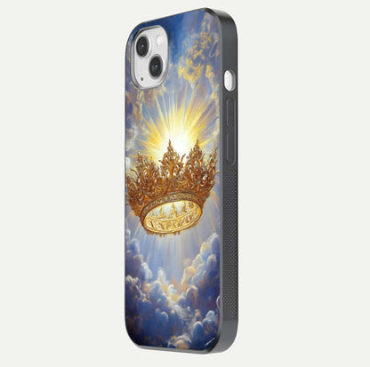 Heavenly Crown Light Glass Case for iPhone 14 Plus side-angle image showing reflection brilliance and elegant divine art