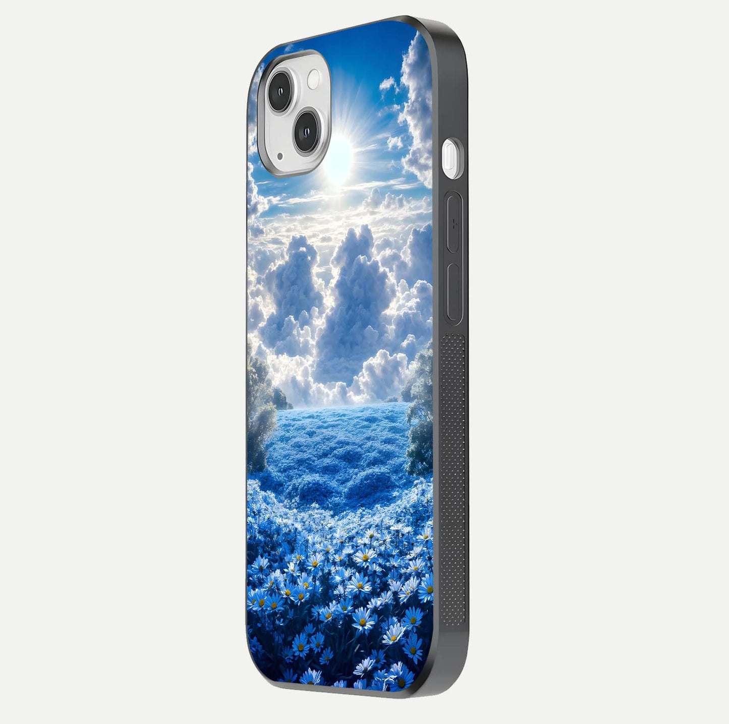Heavenly Daisy Horizon Glass Case for iPhone 14 Plus side-angle image showing reflection depth and floral glow