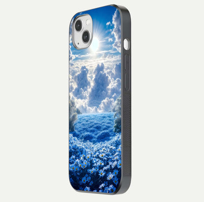 Heavenly Daisy Horizon Glass Case for iPhone 14 Plus side-angle image showing reflection depth and floral glow