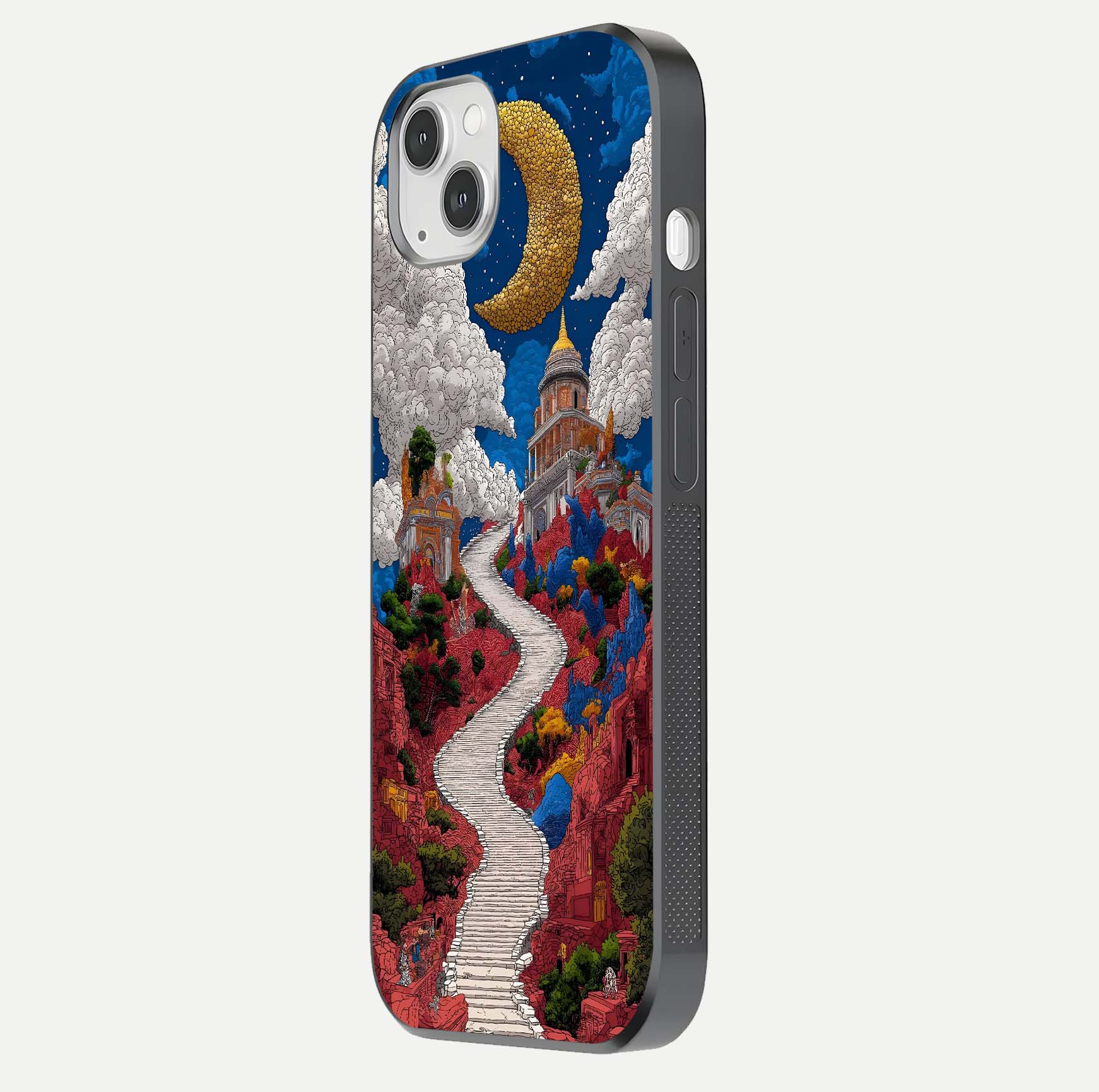 Heavenly Moon Path Glass Case for iPhone 14 Plus side-angle image showing reflection clarity and serene moon glow