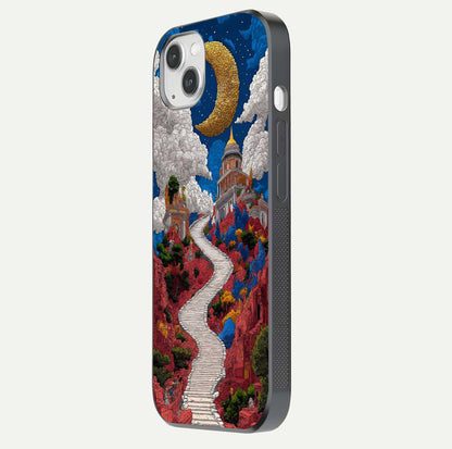 Heavenly Moon Path Glass Case for iPhone 14 Plus side-angle image showing reflection clarity and serene moon glow