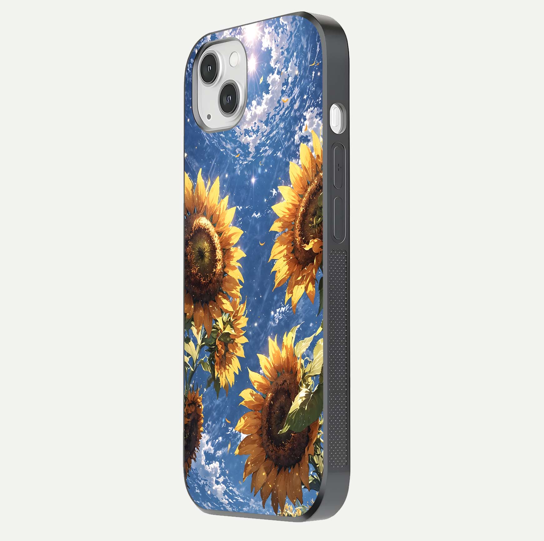 Heavenly Sunflower Rise Glass Case for iPhone 14 Plus side-angle image showing reflection glow and soft yellow tone