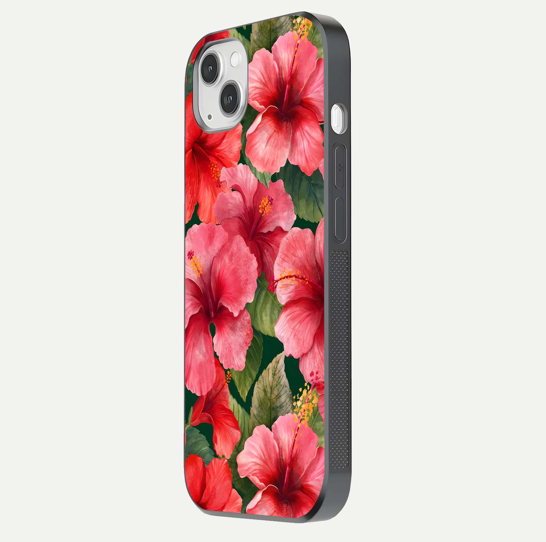 Hibiscus Pattern Glass Case for iPhone 14 Plus side-angle image showing reflection brightness and floral detailing