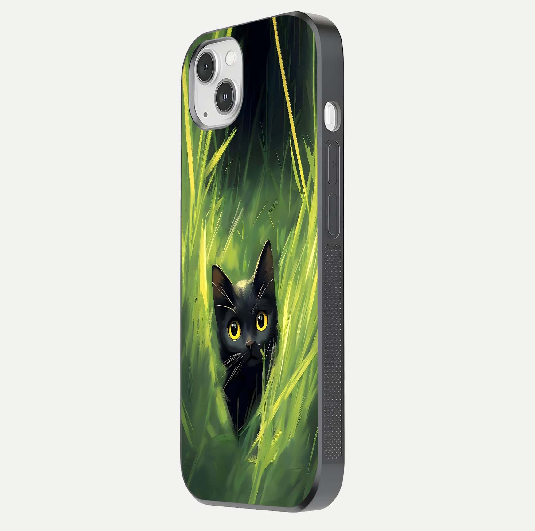 Hidden Cat Whisper Glass Case for iPhone 14 Plus side-angle image showing reflection glow and subtle artistic texture