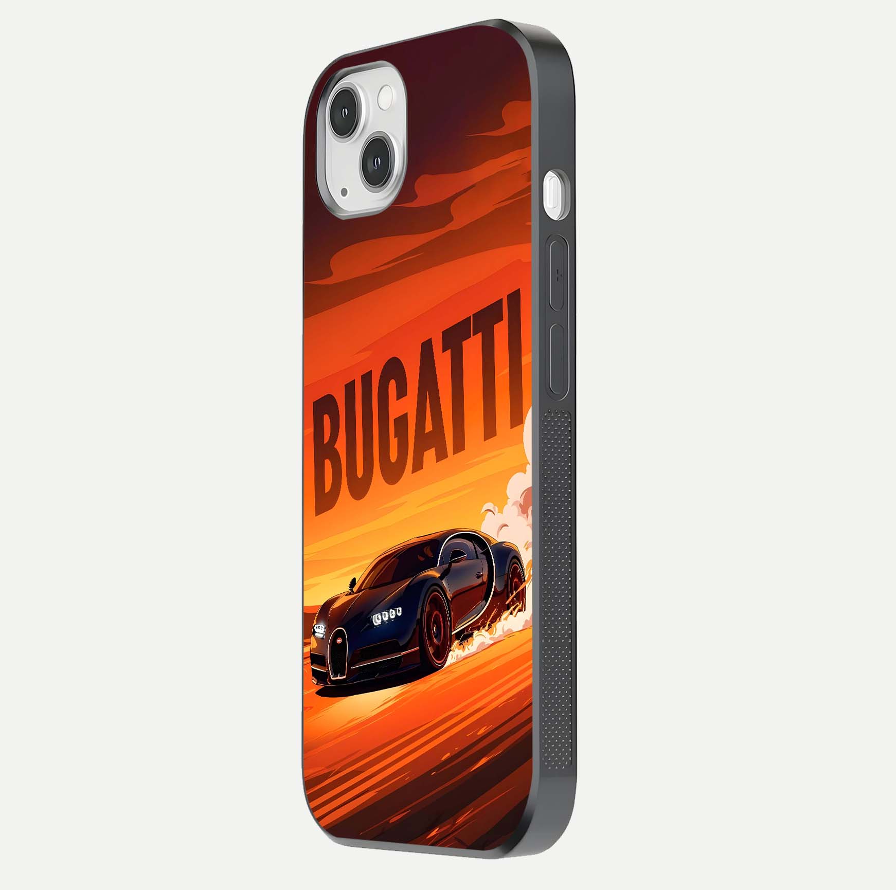 Inferno Bugatti Storm Glass Case for iPhone 14 Plus side-angle image showing reflection glow and vibrant red tones