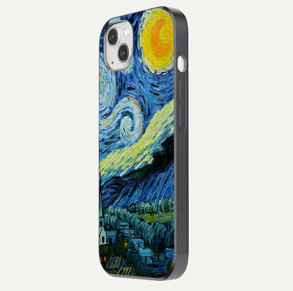 Inspired Van Gogh Art Glass Case for iPhone 14 Plus side-angle image showing reflection brilliance and painted surface look