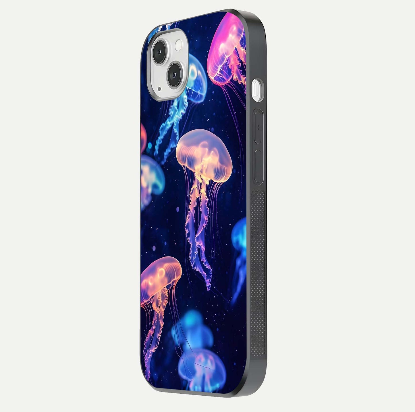 Jellyfish Pattern Glass Case for iPhone 14 Plus side-angle image showing reflection glow and soft water-blue gradient