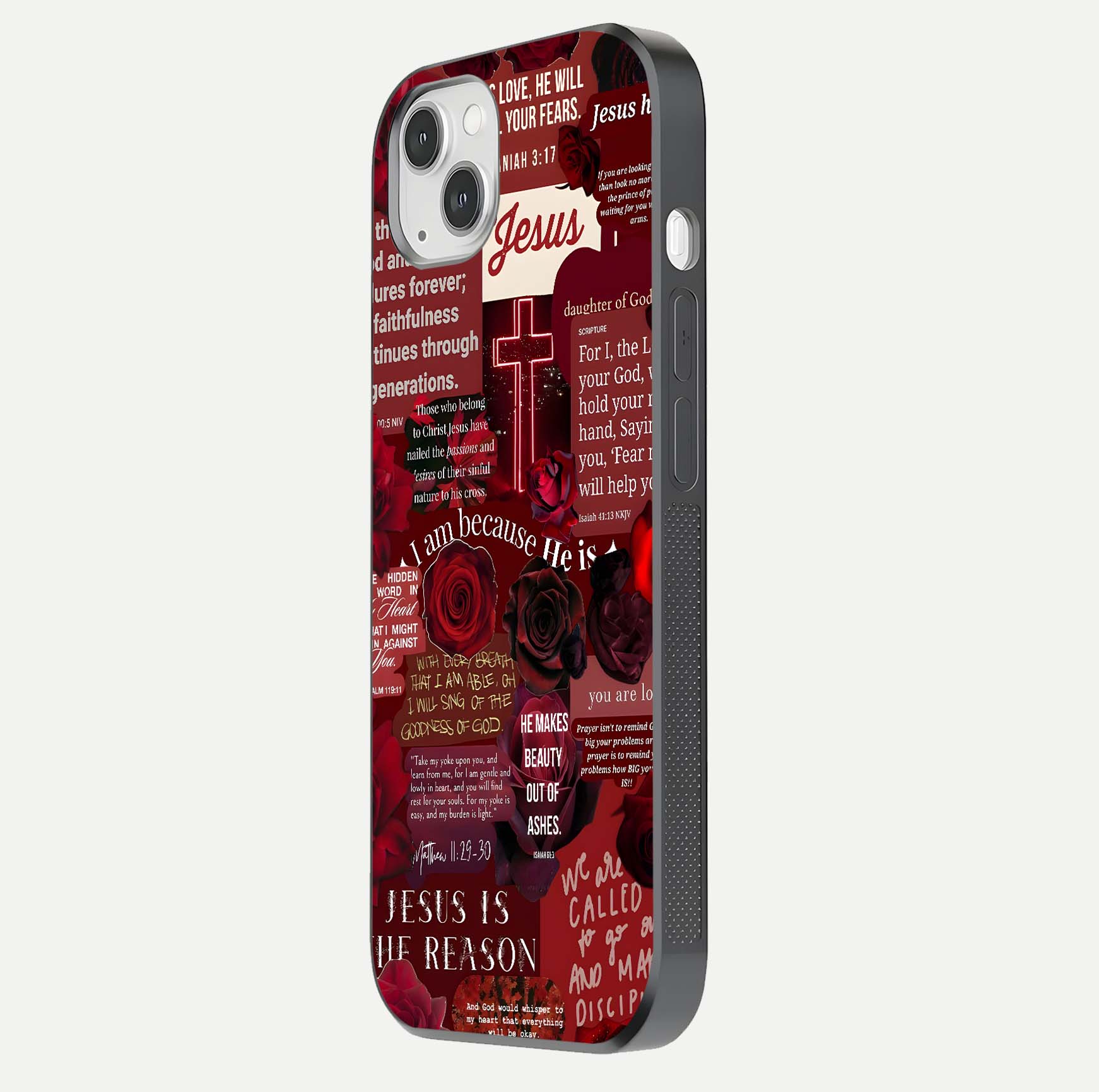 Jesus Love Heals Glass Case for iPhone 14 Plus side-angle image highlighting gloss depth and spiritual aura