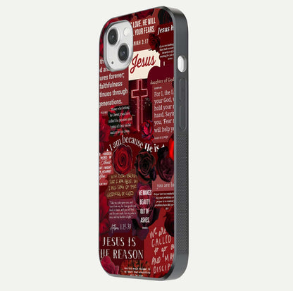 Jesus Love Heals Glass Case for iPhone 14 Plus side-angle image highlighting gloss depth and spiritual aura