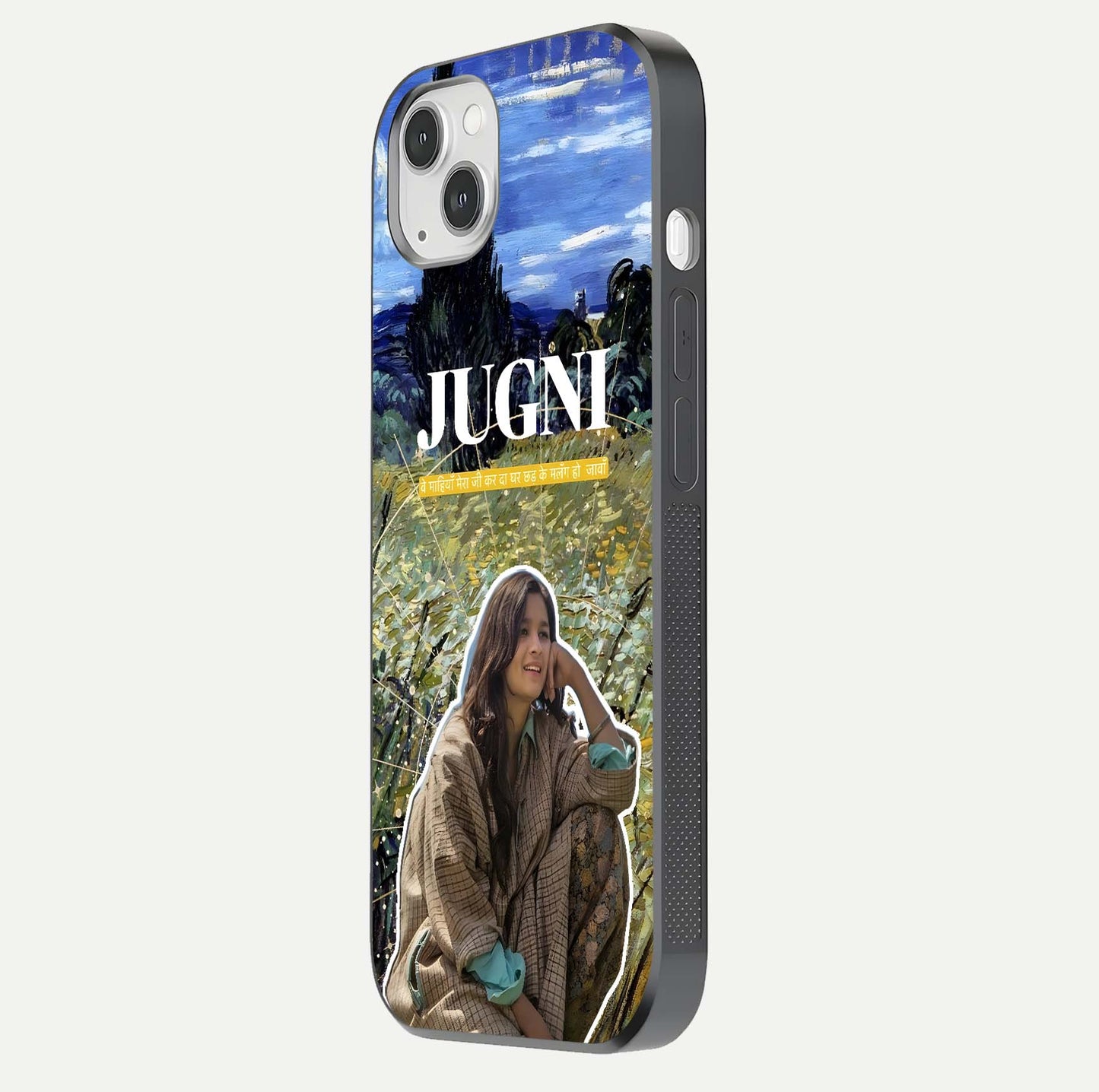 Jugni Soul Vibes Glass Case for iPhone 14 Plus side-angle image with stylish typography and HD finish