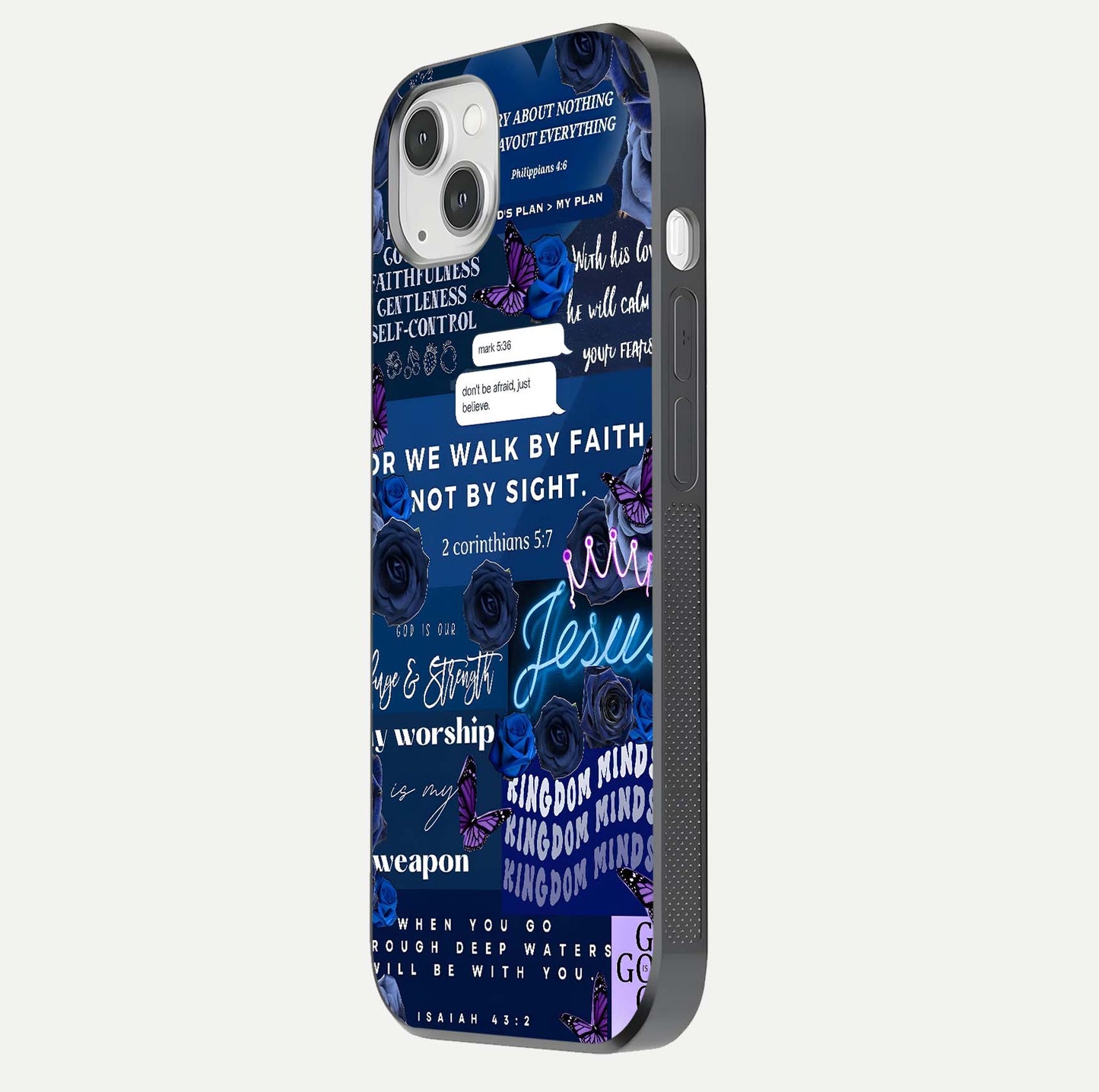 Kingdom Faith Glow Glass Case for iPhone 14 Plus side-angle image with reflective cross and faith glow
