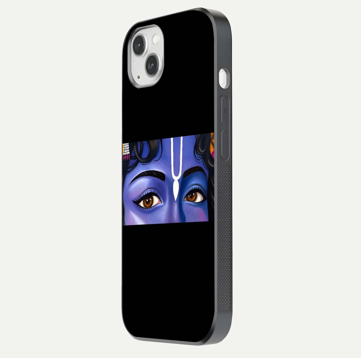 Krishna Eye Glass Case for iPhone 14 Plus side-angle image showing reflection clarity and Krishna symbol design