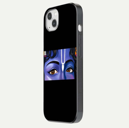 Krishna Eye Glass Case for iPhone 14 Plus side-angle image showing reflection clarity and Krishna symbol design