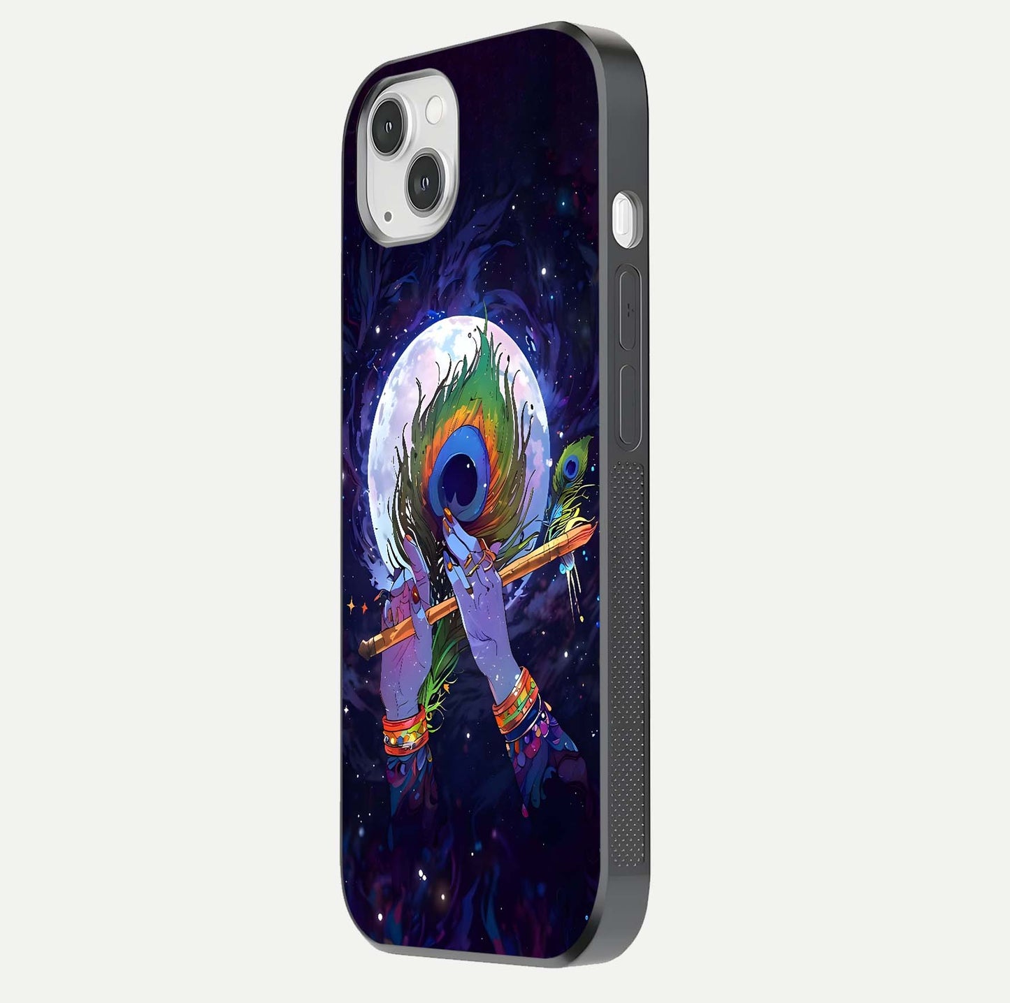 Krishna Hands Art Glass Case for iPhone 14 Plus side-angle image highlighting reflection brightness and vivid print