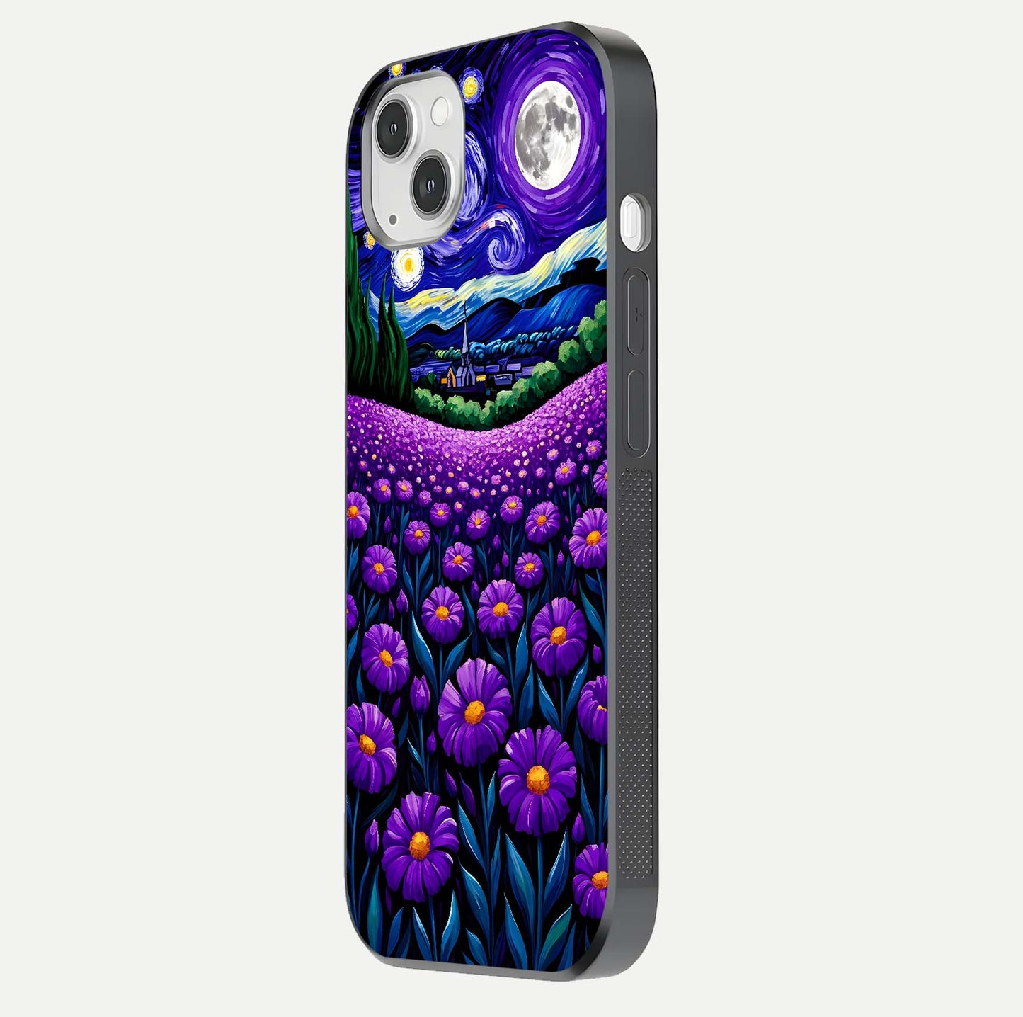 Lavender Moon Field Glass Case for iPhone 14 Plus side-angle image showing HD reflection and moonlit lavender art