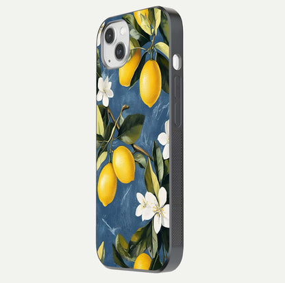 Lemon Dream Garden Glass Case for iPhone 14 Plus side-angle image showing reflection clarity and artistic fruit design
