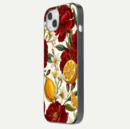 Lemon Rose Charm Glass Case for iPhone 14 Plus side-angle image revealing reflection depth and vibrant flower art