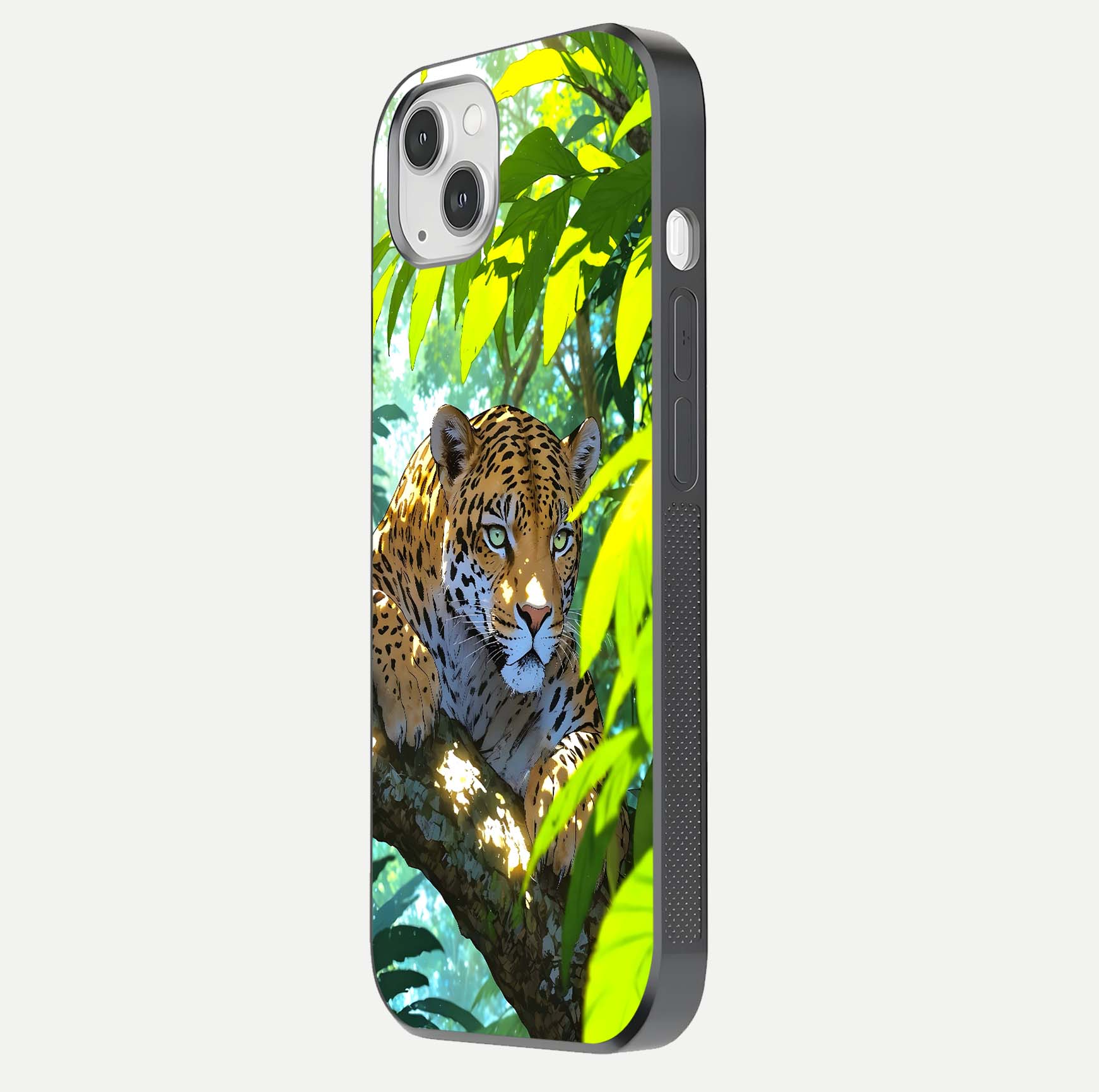 Leopard in Jungle Glass Case for iPhone 14 Plus side-angle shot emphasizing contrast and fierce design clarity