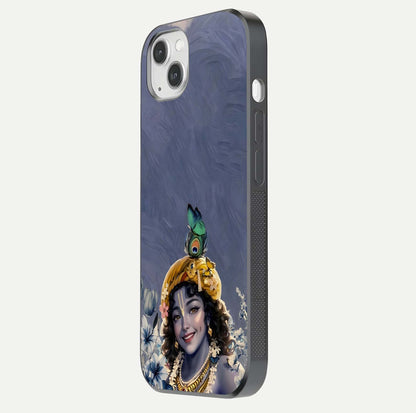 Lord Krishna Glass Case for iPhone 14 Plus side-angle image emphasizing premium reflection and sacred motif