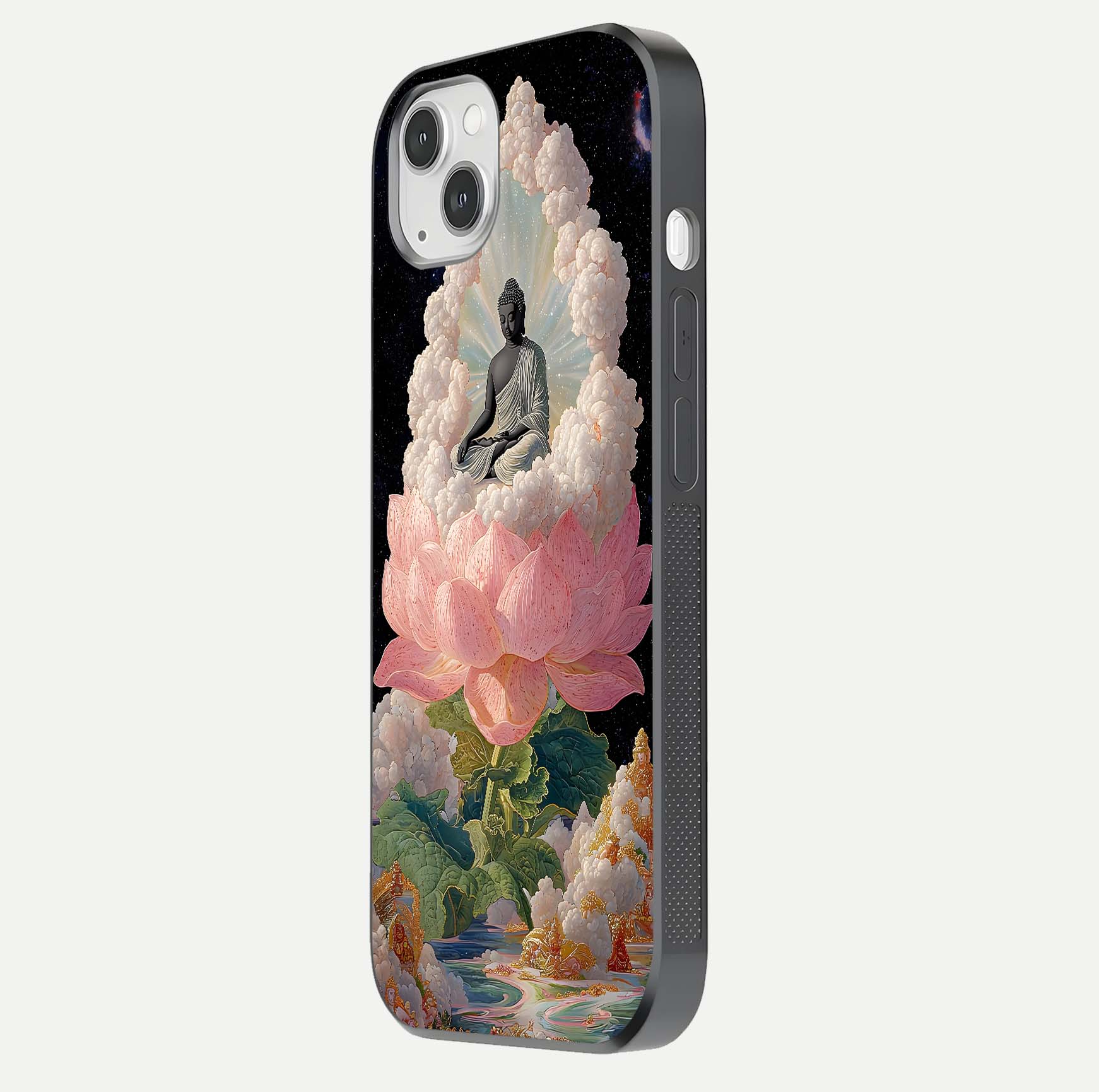Lotus Divine Peace Glass Case for iPhone 14 Plus side-angle shot showing elegant shine and floral symmetry