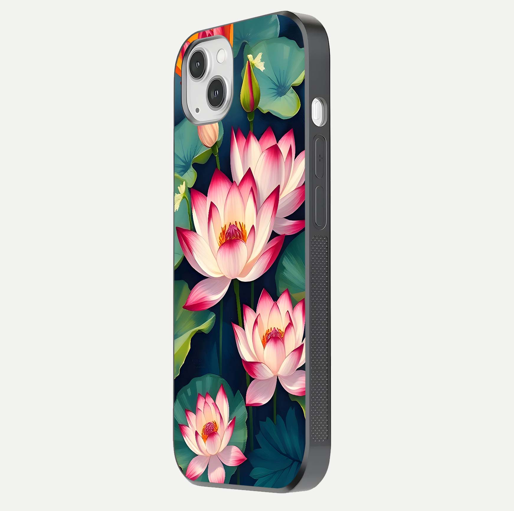 Lotus Dream Serenity Glass Case for iPhone 14 Plus side-angle image revealing reflection clarity and calm tones