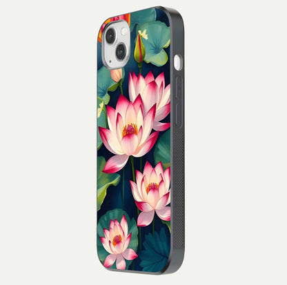 Lotus Dream Serenity Glass Case for iPhone 14 Plus side-angle image revealing reflection clarity and calm tones