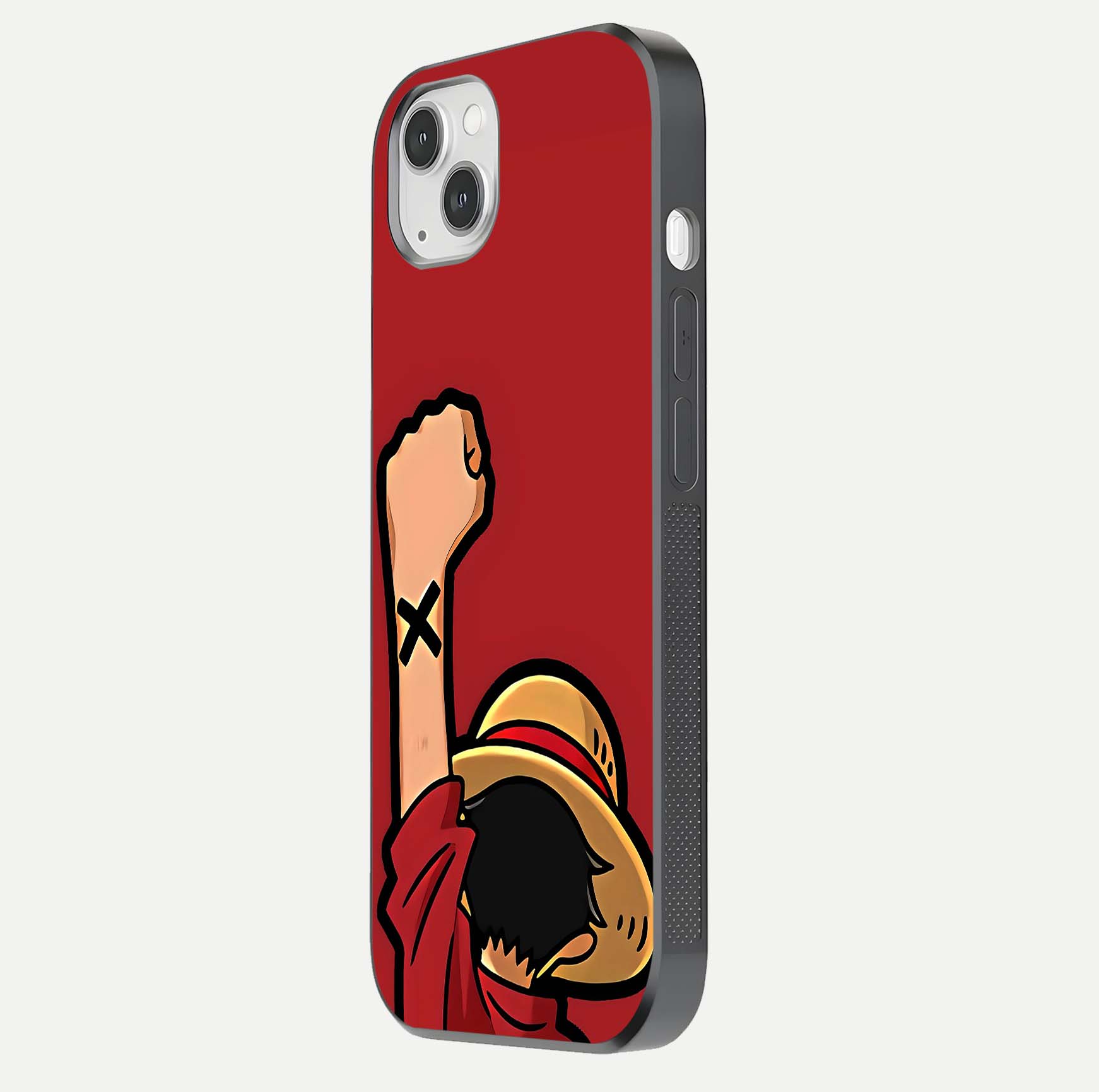 Luffy X Spirit Glass Case for iPhone 14 Plus side-angle image highlighting reflection strength and anime print