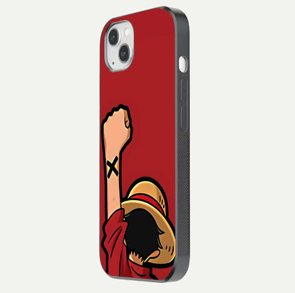 Luffy X Spirit Glass Case for iPhone 14 Plus side-angle image highlighting reflection strength and anime print