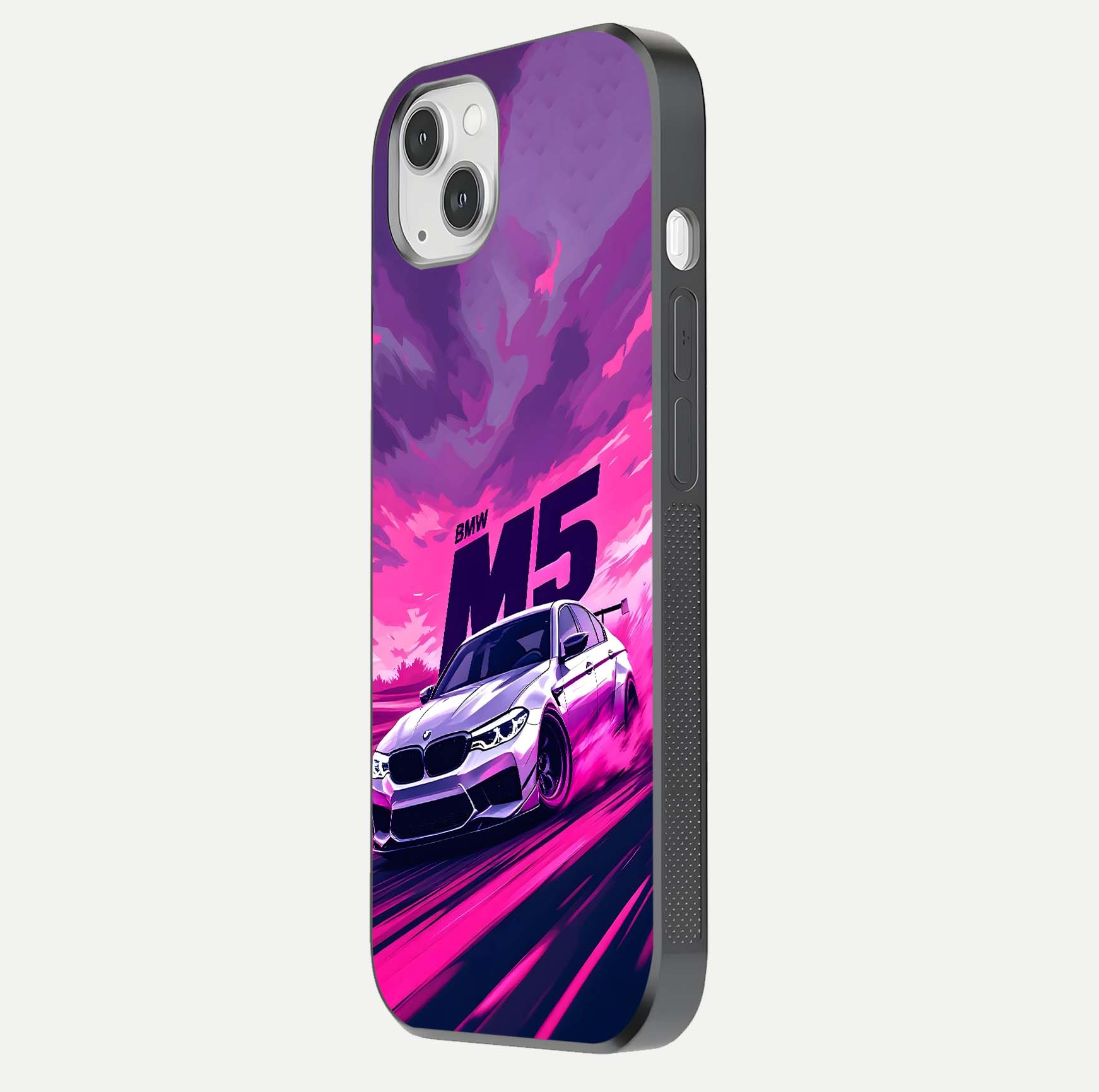 MS Neon Car Glass Case for iPhone 14 Plus side-angle image showing glow reflection and car detailing