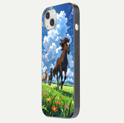 Majestic Horses Galloping Glass Case for iPhone 14 Plus side-angle shot emphasizing reflection and running artwork