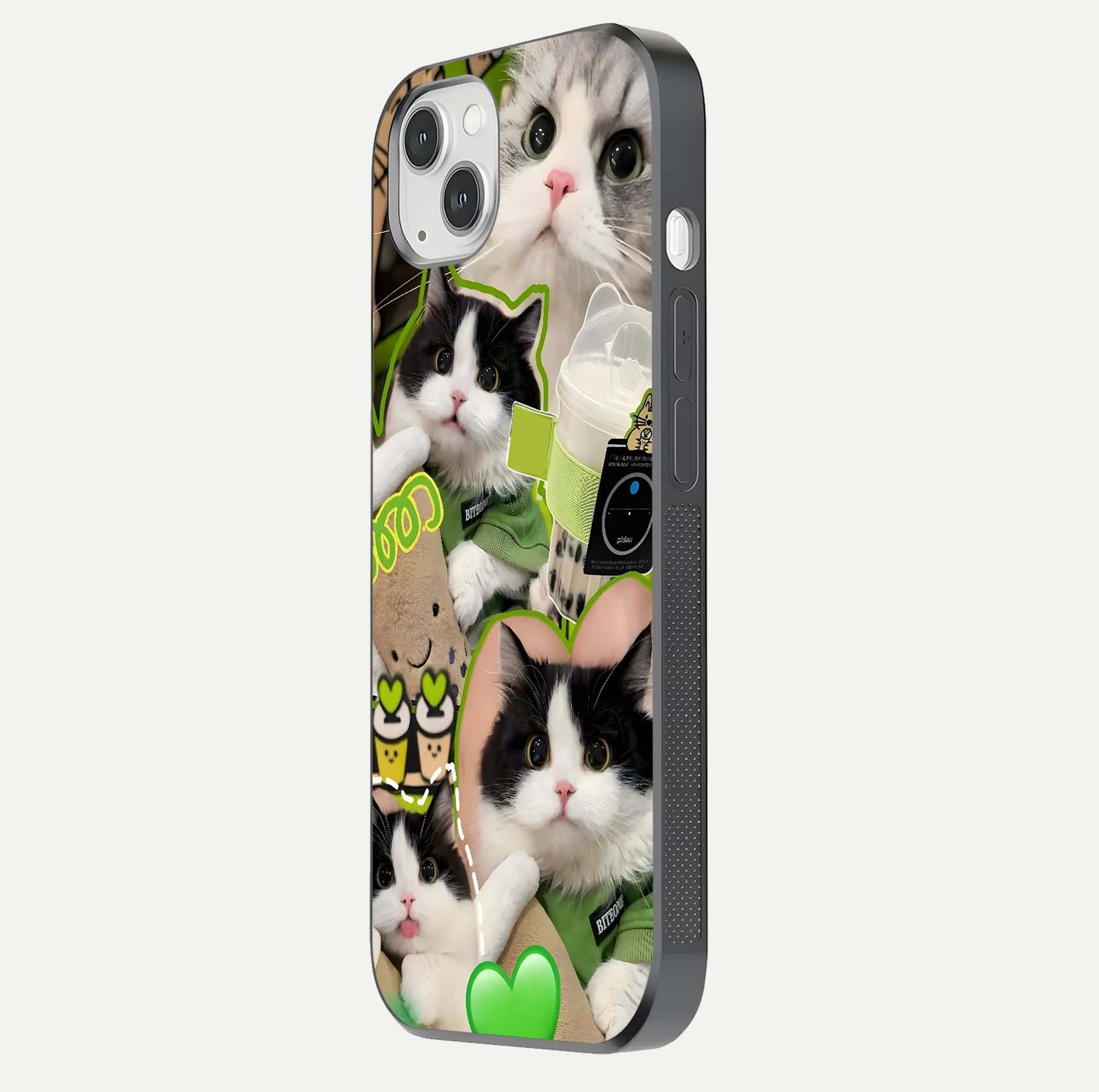 Matcha Cats Mood Glass Case for iPhone 14 Plus side-angle image showing shine clarity and cat pattern charm