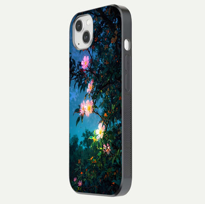 Midnight Bloom Glow Glass Case for iPhone 14 Plus side-angle image revealing reflection and deep midnight hues