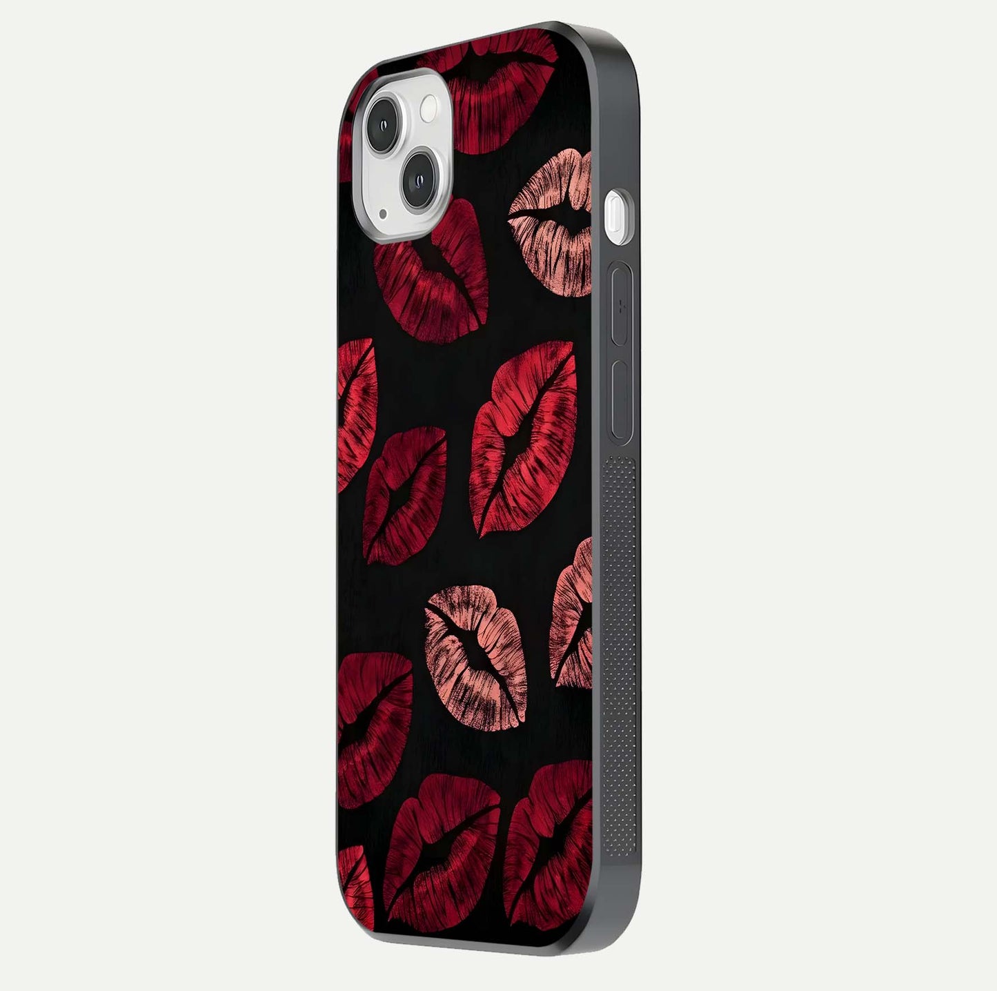 Midnight Kiss Love Glass Case for iPhone 14 Plus side-angle image revealing gloss texture and deep love motif