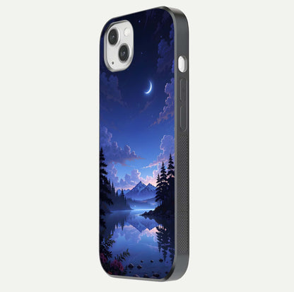 Midnight Lake Peace Glass Case for iPhone 14 Plus side-angle image showing HD shine and tranquil color tones