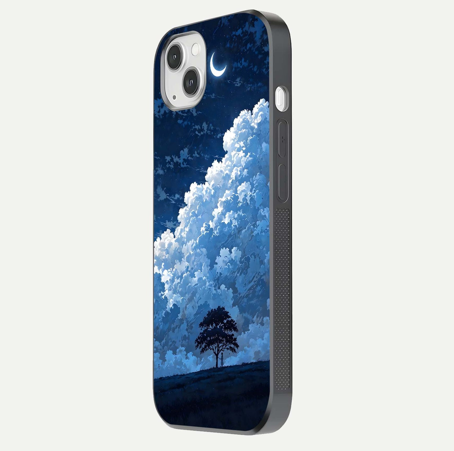 Midnight Sky Serenity Glass Case for iPhone 14 Plus side-angle image showing soft glow and smooth reflection