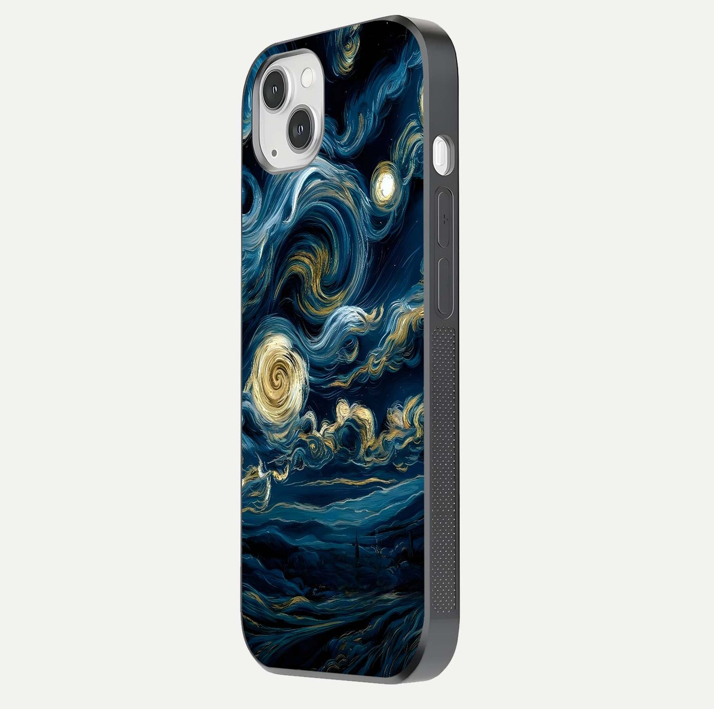 Midnight Sky Whirl Glass Case for iPhone 14 Plus side-angle image showing reflection depth and galaxy pattern