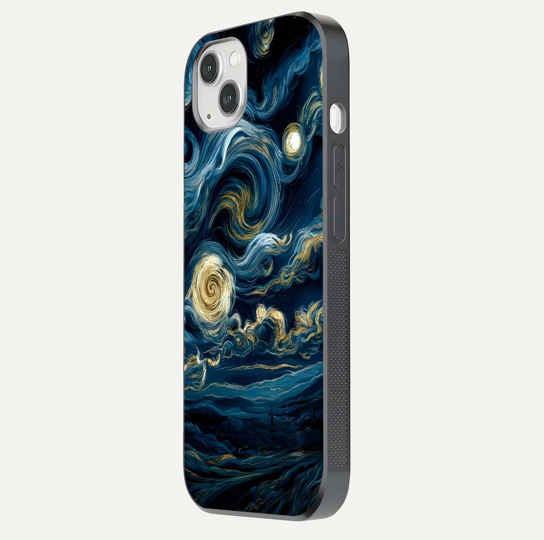 Midnight Sky Whirl Glass Case for iPhone 14 Plus side-angle image showing reflection depth and galaxy pattern