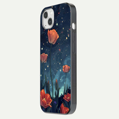 Midnight Tulip Glow Glass Case for iPhone 14 Plus side-angle image showing shine depth and flower artwork