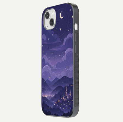 Minimal Night View Glass Case for iPhone 14 Plus side-angle image showing subtle reflection and urban design
