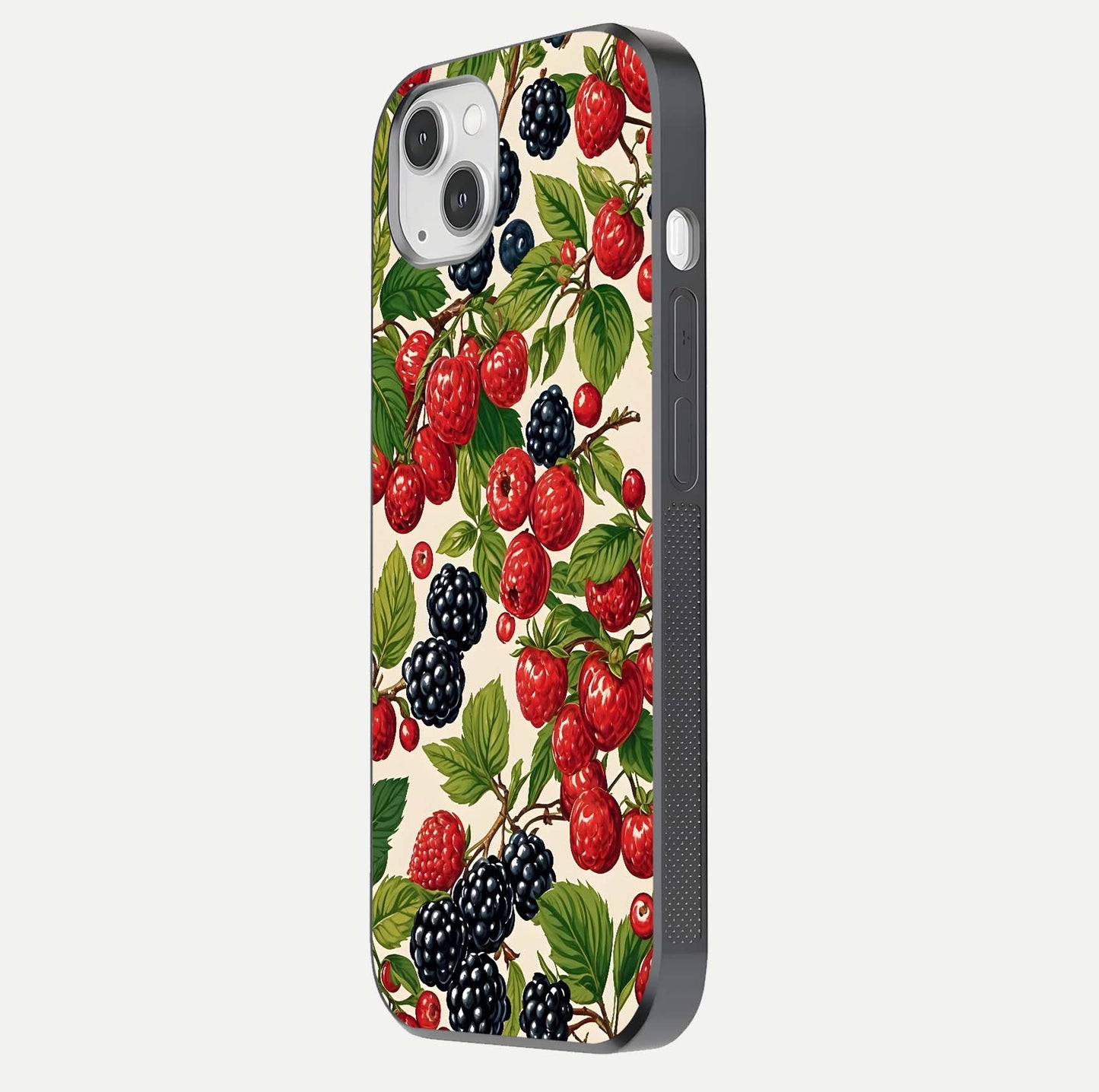 Mixed Berry Collage Glass Case for iPhone 14 Plus side-angle image showing reflection and HD fruit texture